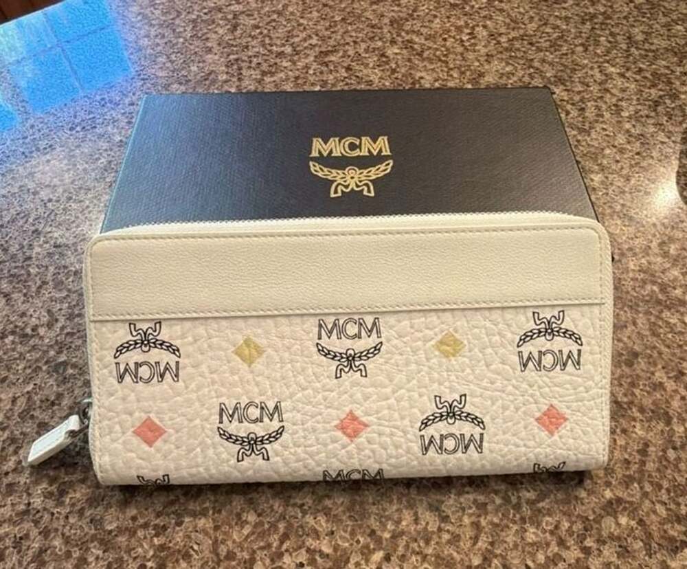 MCM Large Zip Around Wallet White Visetos Monogram
